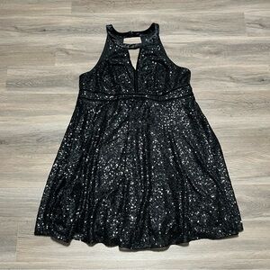 Torrid 20 Dress Black Sequin Velvet Halter Babydoll Cutout Mini Party Plus NWT